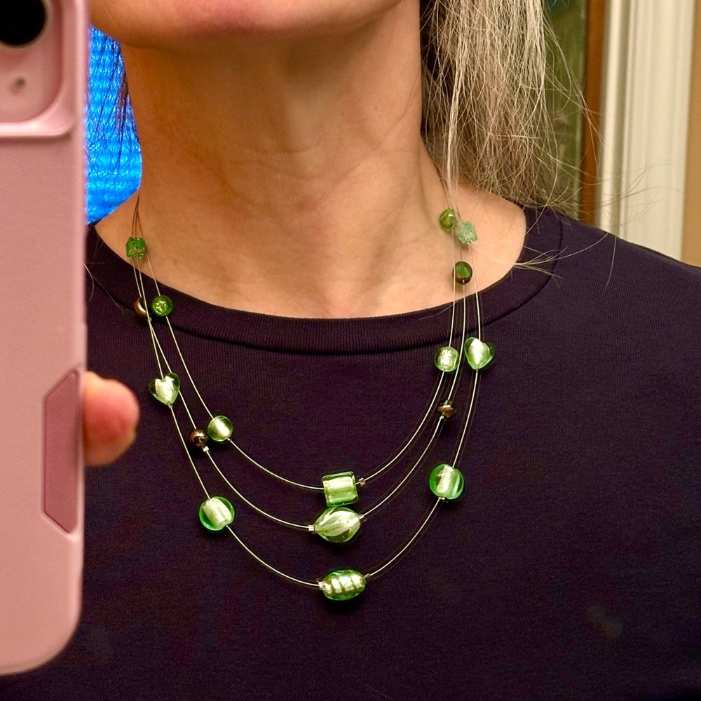 NWT Green Beaded Glass 3 Tier Necklace